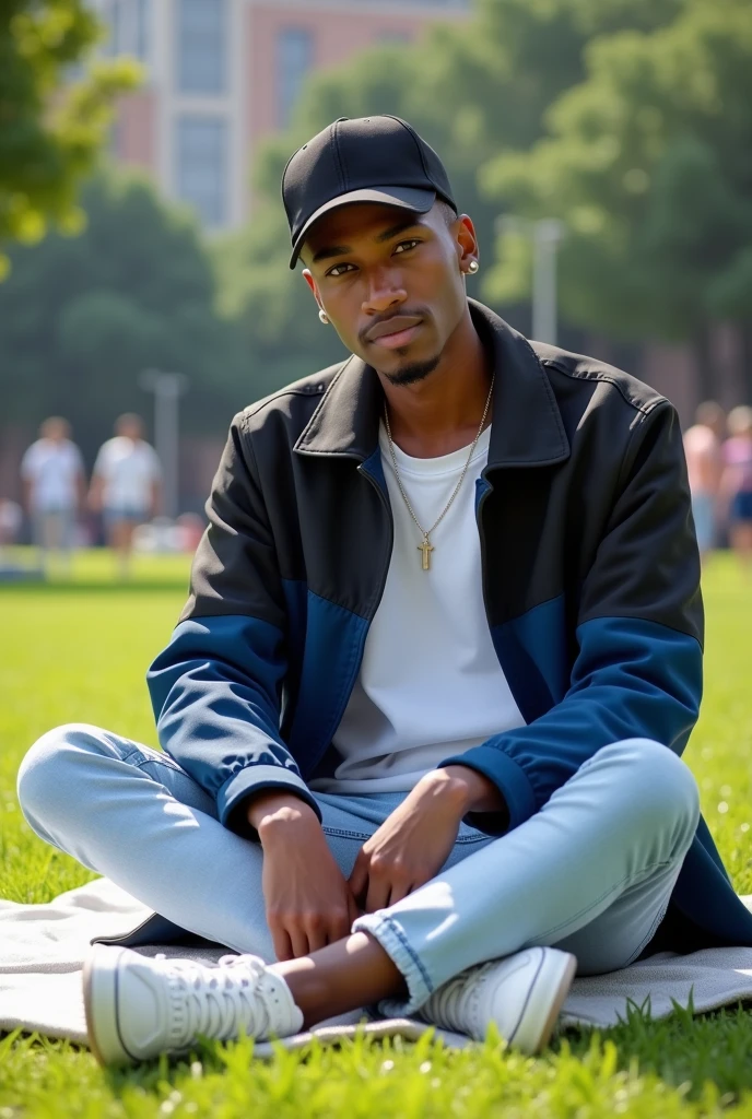 best qualityer:1.4), (ultra high resolution:1.2), (photorrealistic:1.4), (8k, CRU photo:1.2), a thin young man of 20 years old, skin black, with a smooth, beardless face, corte de cabelo buzzcut, He's wearing a black cap. He's wearing a white shirt. He is wearing a basic coat in black and blue.. He's wearing light jeans. He's wearing white sneakers. Sitting on the grass in a simple park. thin build sem músculos. Seductive face for the camera. thin build. Scrawny. A thin person. He's wearing a black cap. There are people in the background. It's sunny. He is sitting on a cloth spread out on the grass..