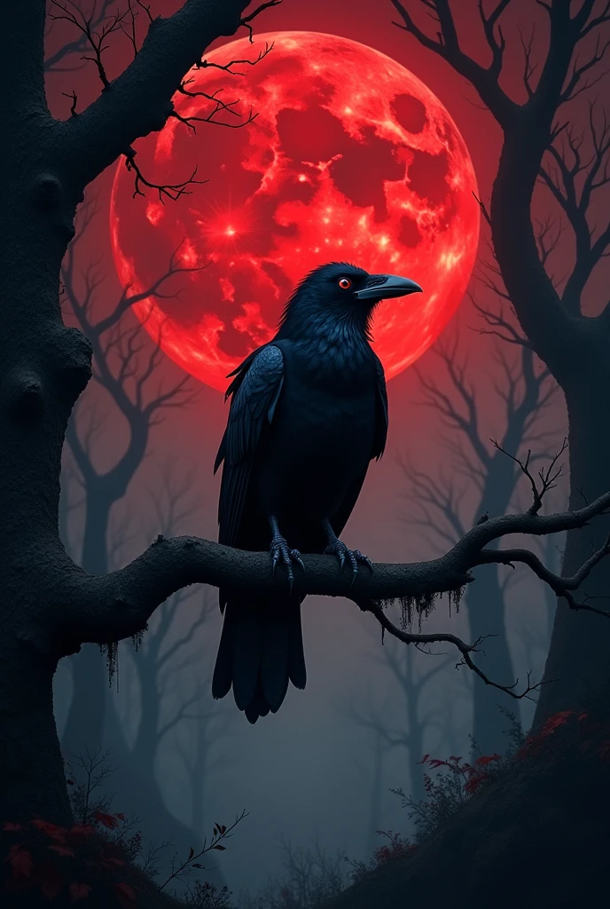 dark forest theme, with crows flying and a crow appearing in front of the full moon, Red background and the crow resting on a tree branch (that the image is horizontal)