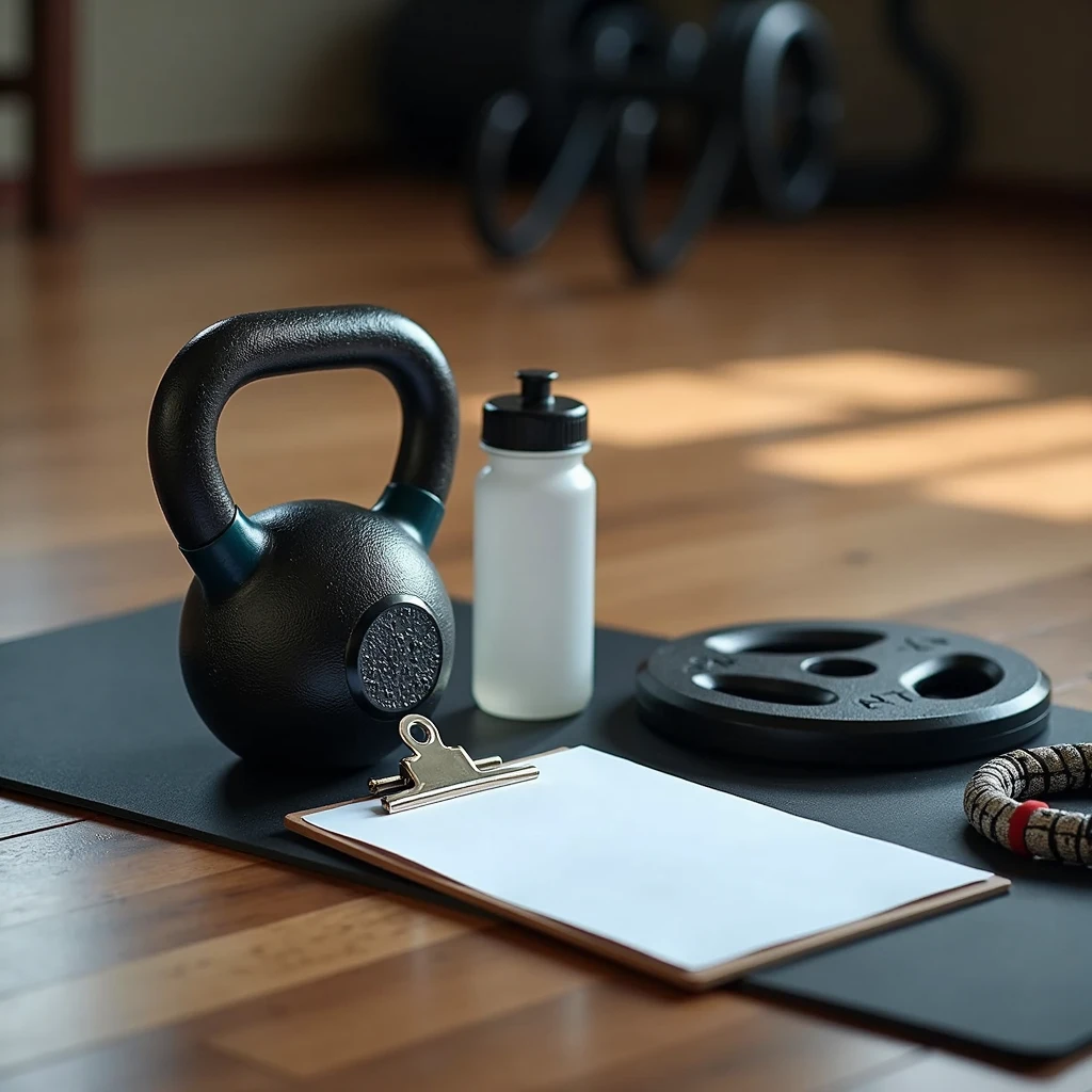 Realistic close-up of a kettlebell, a paper clipboard, a water bottle, a skipping rope and a 10kg weight plate on a yoga mat in a gym with a wooden floor. The scene is shot from a low angle with a 50mm f/1.8 lens, in soft orange natural light. The background is blurred, focusing on the kettlebell and the clipboard with the white sheet of paper, with subtle reflections on the wooden floor.