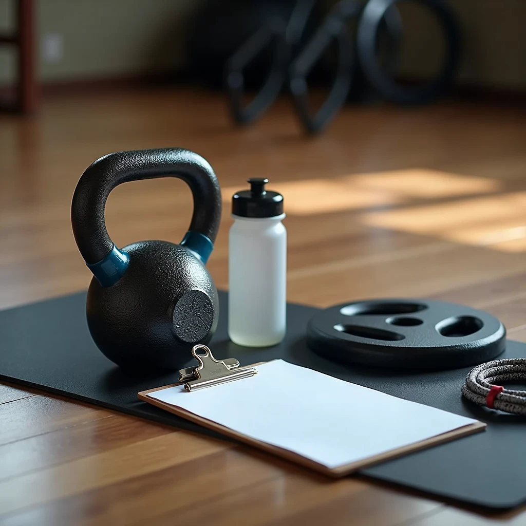 Realistic close-up of a kettlebell, a paper clipboard, a water bottle, a skipping rope and a 10kg weight plate on a yoga mat in a gym with a wooden floor. The scene is shot from a low angle with a 50mm f/1.8 lens, in soft orange natural light. The background is blurred, focusing on the kettlebell and the clipboard with the white sheet of paper, with subtle reflections on the wooden floor.