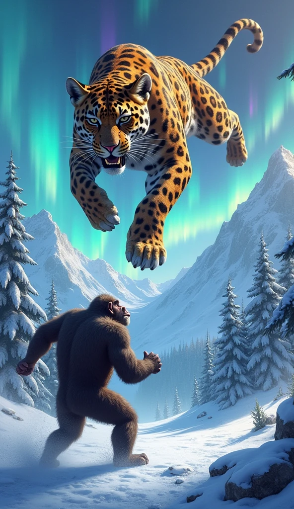 The Jaguar jumps from the sky against the backdrop of snowy mountains and aurora skies, revealing its powerful body and fierce expression. Below, a muscular monkey raising his arms in a defensive position also shows a strong expression. The opposite word in the lively comic font is in the middle between the two animals, showing a strong confrontation. Snow and ice cover the ground, increasing the forest cooling.