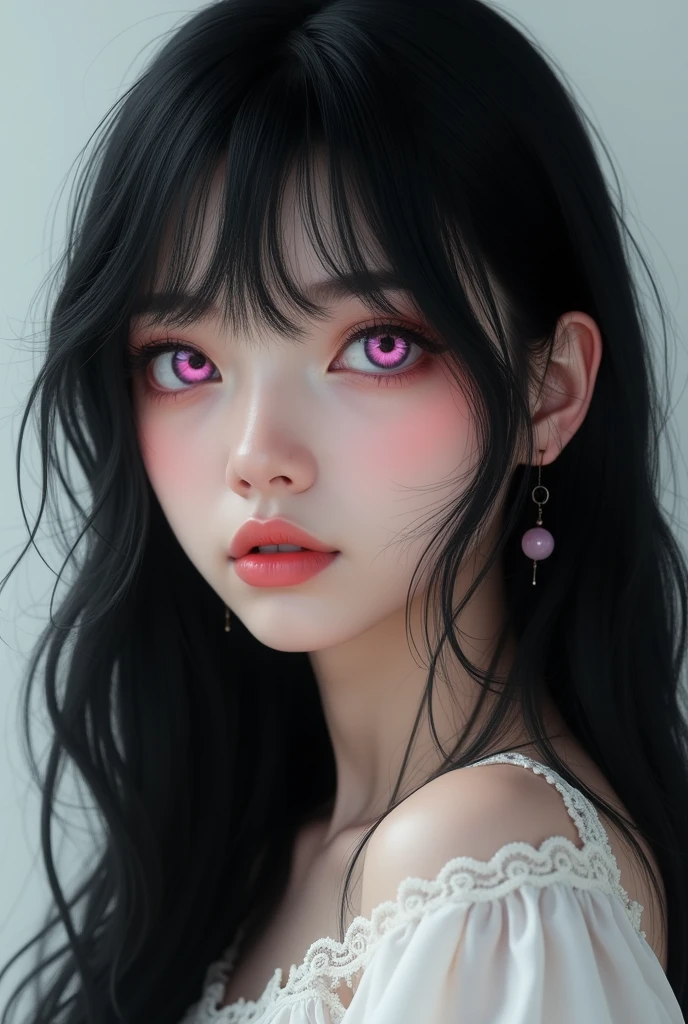 A white woman with black long hair with bangs, and pink iris eyes with round eyes without Asian features