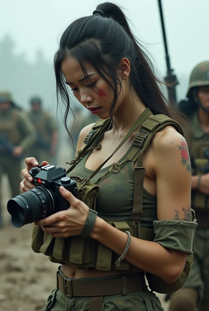 Photo-realistic, ultra-realistic, (very beautiful Japanese, famous Japanese idol:1.3), (Fully equipped for battle:1.5), (painful impressions, crying:1.3), (wearing an army soldier's Camouflage outfits with military helmet:1.5), (at a battle field), very large breasts, (tactical vest, military harness:1.3), (military long boots:1), dynamic angle, spectacular, (muddied, damaged wears, damaged body:1.3), (military cameraman), (holding a classical Leica M2 camera:1.3), (shoot from side)