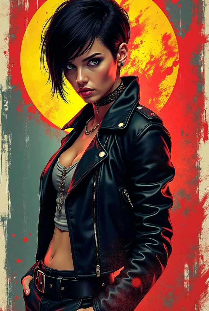 High-quality realistic acrylic art, vivid colors, 1girl, female assassin, asymmetric bobcut hair, full body shot, clyde caldwell, red lips, thong, cleavage, black hair, red eyes.