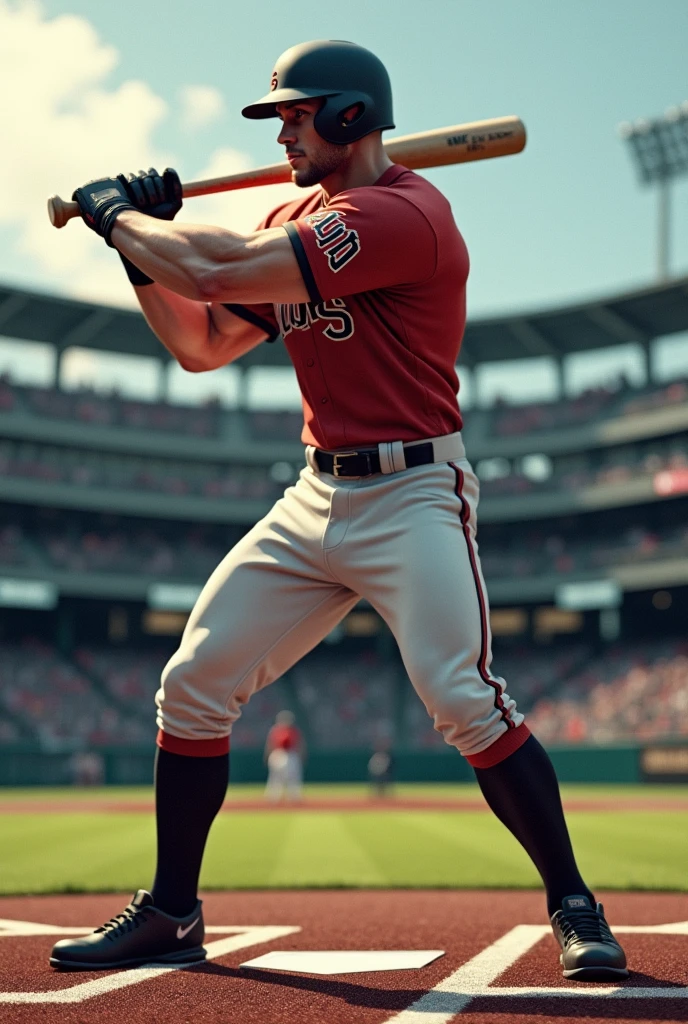 A handsome baseball player with a very muscular body standing at home plate with the bat raised on his shoulder in a batting stance facing the pitcher, tight-fitting uniform, big bulge, right leg semi-bent in front of the left leg, baseball stadium background