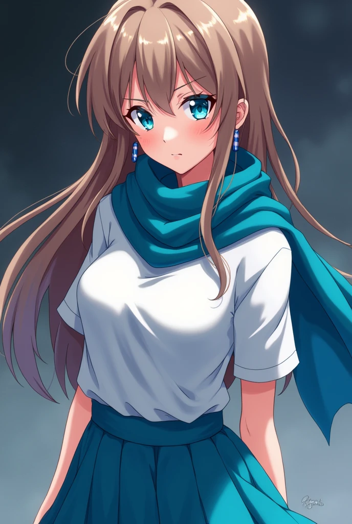 create an anime with , thin with blue eyes ,with the second hole earrings looking like a cylinder like the one on Ijiranaide&#39;s Nagatoro, Nagatoro-san. With light brown hair,with a white t-shirt, a blue scarf and a blue skirt with a super sadistic and sexy pose and face
