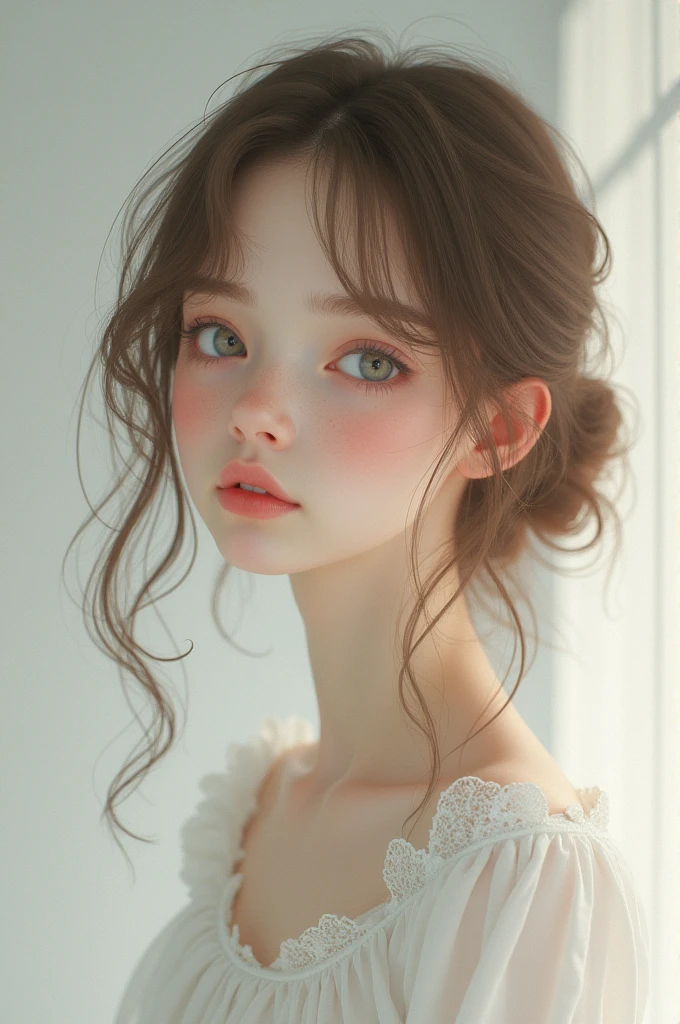 Girl with light brown hair, light eyes, white skin, soft features