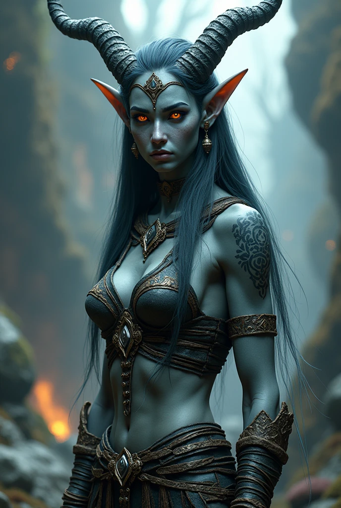 a tribal warrior woman, tall, with bluish-gray skin, horns, fantasy humanoid world, orange eyes, elf ears, (best quality,4k,8k,highres,masterpiece:1.2),ultra-detailed,(realistic,photorealistic,photo-realistic:1.37),hyper detailed, incredibly realistic, highly intricate, cinematic lighting, cinematic composition, dramatic lighting, dramatic pose, intense colors, vibrant colors, muted colors, dark fantasy, digital painting, fantasy art, concept art, artwork by artgerm and greg rutkowski and alphonse mucha