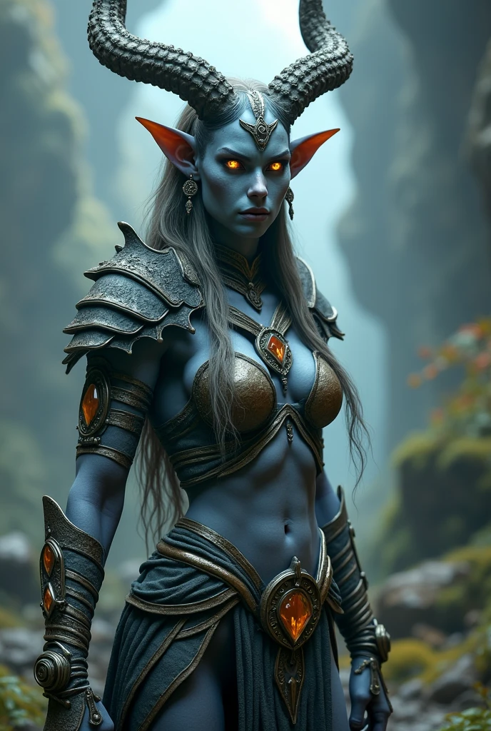 a tribal warrior woman, tall, with bluish-gray skin, horns, fantasy humanoid world, orange eyes, elf ears, (best quality,4k,8k,highres,masterpiece:1.2),ultra-detailed,(realistic,photorealistic,photo-realistic:1.37),hyper detailed, incredibly realistic, highly intricate, cinematic lighting, cinematic composition, dramatic lighting, dramatic pose, intense colors, vibrant colors, muted colors, dark fantasy, digital painting, fantasy art, concept art, artwork by artgerm and greg rutkowski and alphonse mucha