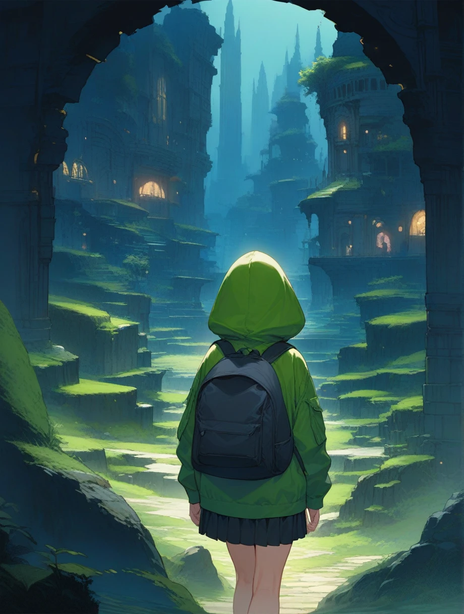 score_9, score_8_up, score_7_up, score_アニメ, masterpiece, best quality, delicate illustration, sharp line, sharp focus, BREAK,Traveler girl wandering in the ruins of endless night, the girl is wearing a hood, a lot of baggage in her backpack., night、City of the Future、Fantastic landscape、Beautiful Landscape、Harmony with Nature