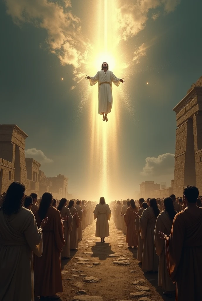 Scene: A large assembly of the people of Nephi gathered around an Inka temple in the land of Bountiful. The atmosphere is serene and filled with reverent awe as the people discuss the miraculous change and the prophecy of Jesus Christ's death.
Details:
Background: The ancient Inka temple in Bountiful surrounded by a large crowd in traditional clothing. The setting is tranquil yet charged with awe.
Mood: The people are astonished and confused, some gazing upwards, trying to understand a heavenly voice. There is a profound sense of reverence and tension.
Heavenly Appearance: A quiet, penetrating voice from the sky deeply moves the people, causing their hearts to burn. It is gentle but incredibly powerful.
Heavenly Event: On hearing the voice for the third time, the people look up to see a man descending from the sky in white robes. He is not yet on the ground but is in the process of descending. The people, mesmerized, hold their breath, mistaking him for an angel.
Man in White Robes: Jesus Christ, dressed in white robes, with a peaceful and radiant presence. He is surrounded by a bright, divine light that contrasts with the dark sky.
Colors and Lighting:
Lighting: The sky is dark except for a divine, glowing aura around Jesus Christ, who is illuminated by a soft, heavenly light as he descends.