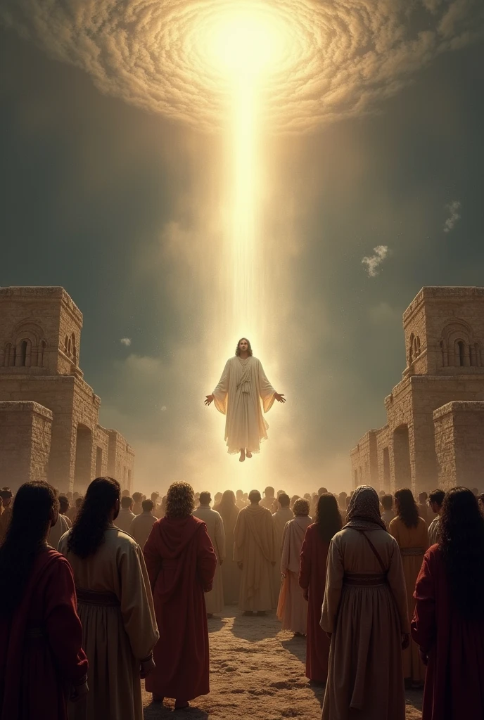 Scene: A large assembly of the people of Nephi gathered around an Inka temple in the land of Bountiful. The atmosphere is serene and filled with reverent awe as the people discuss the miraculous change and the prophecy of Jesus Christ's death.

Details:

Background: The ancient Inka temple in Bountiful surrounded by a large crowd in traditional clothing. The setting is tranquil yet charged with awe.
Mood: The people are astonished and confused, some gazing upwards, trying to understand a heavenly voice. There is a profound sense of reverence and tension.
Heavenly Appearance: A quiet, penetrating voice from the sky deeply moves the people, causing their hearts to burn. It is gentle but incredibly powerful.
Heavenly Event: On hearing the voice for the third time, the people look up to see a man descending from the sky in white robes. He is not yet on the ground but is in the process of descending. The people, mesmerized, hold their breath, mistaking him for an angel.
Man in White Robes: Jesus Christ, dressed in white robes, with a peaceful and radiant presence. He is surrounded by a bright, divine light that contrasts with the dark sky.
Colors and Lighting:

Lighting: The sky is dark except for a divine, glowing aura around Jesus Christ, who is illuminated by a soft, heavenly light as he descends.