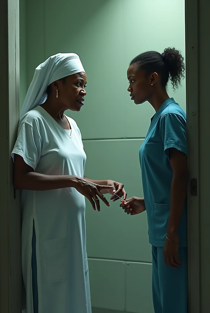 Generate image of African Igbo maternity with an igbo old midwife woman of about 50years looking angry, horrified, pointing fingers at her confronting an igbo nurse of about 35years old at the nurse staff room with anger and tense in the atmosphere and the nurse stab her with a scalpel from a tray
Don't make them look pregnant