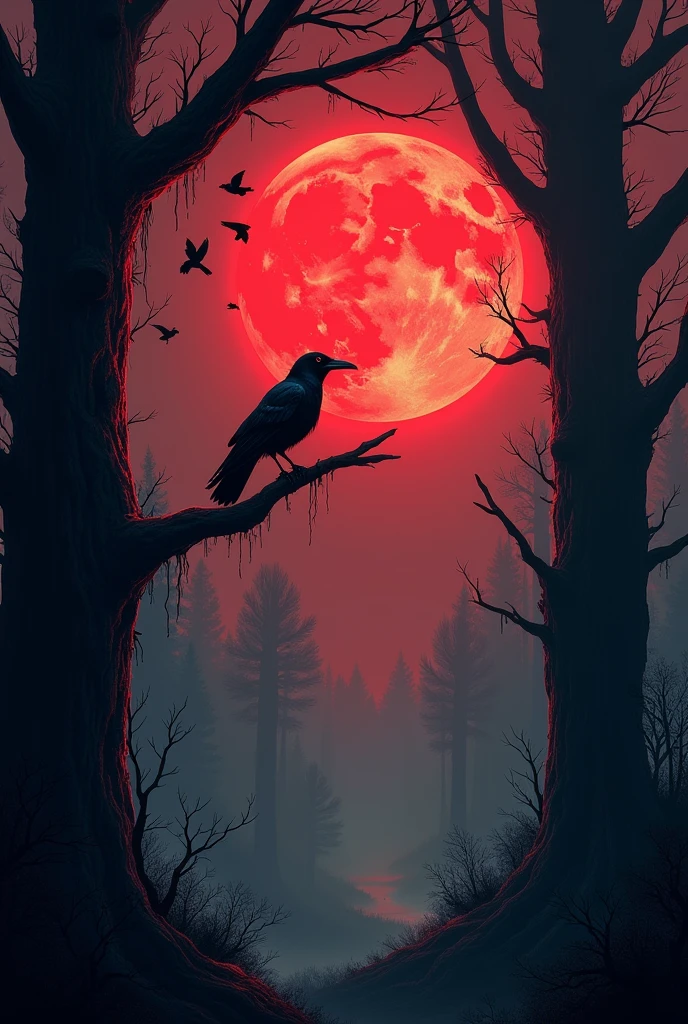 dark forest theme, with crows flying and a crow appearing in front of the full moon, Red background and the crow resting on a tree branch, that the image is horizontal
