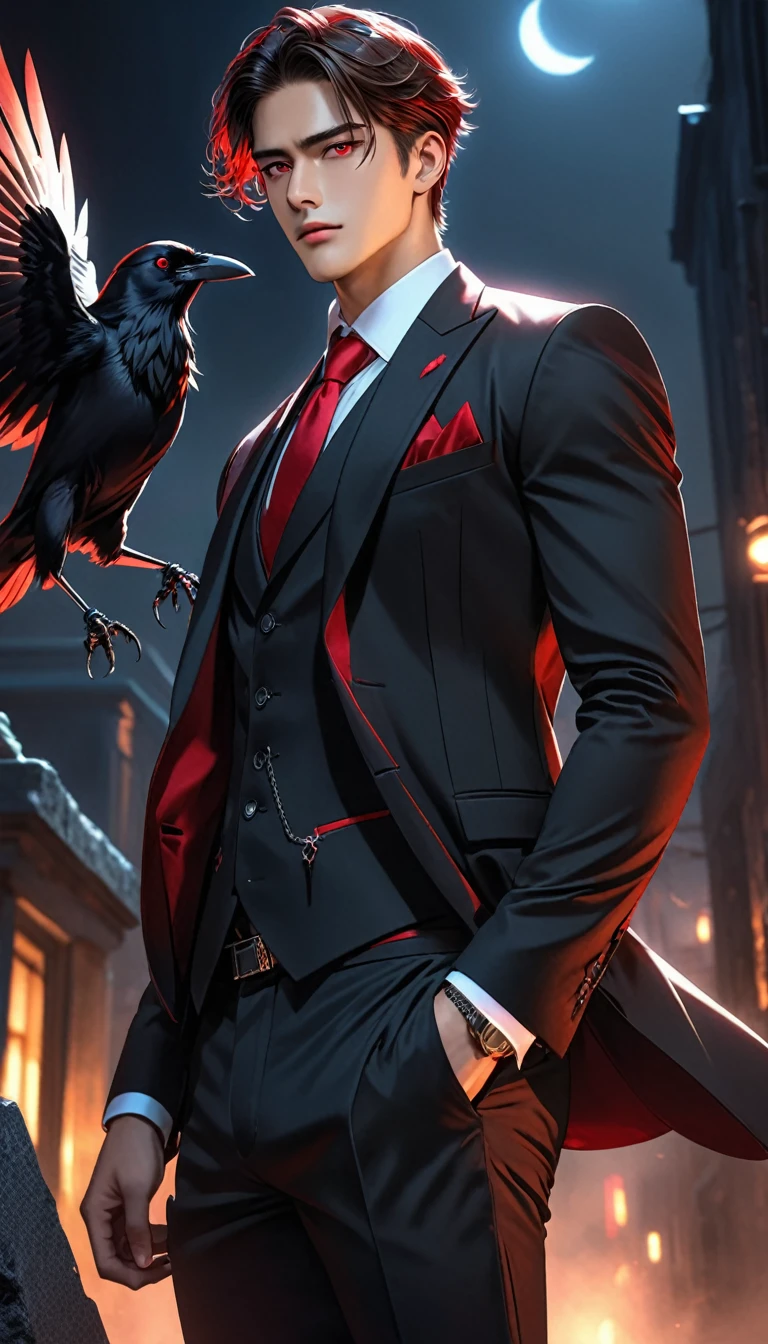 Masterpiece, 8k, HDR, best quality, ultra-detailed, aesthetic pose, dark vibes, man about twenty years old, handsome, hot guy, his ruby-red eyes glowed, sharp gaze, tall, standing cool, side angle, close-up, wearing vest and black suit, the chain attribute on his suit adds to the glamorous impression, broad chest, hand in trouser pocket pose, dark grave background in the night with crow fly.