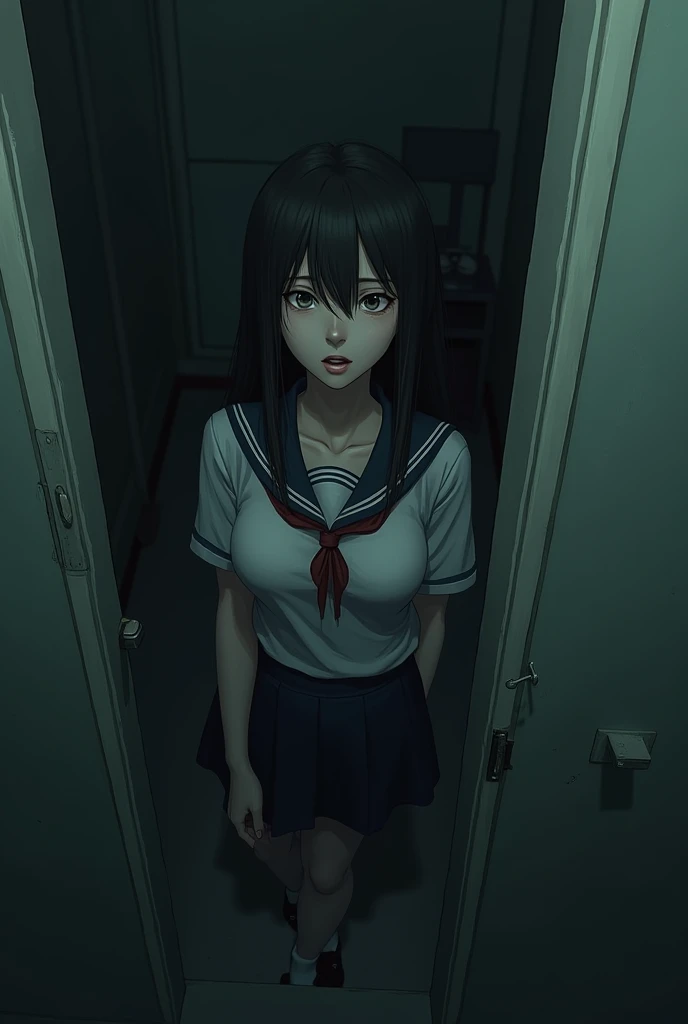 cica locked in a small room with no space, view from above, School uniform, big breasts, In the dark