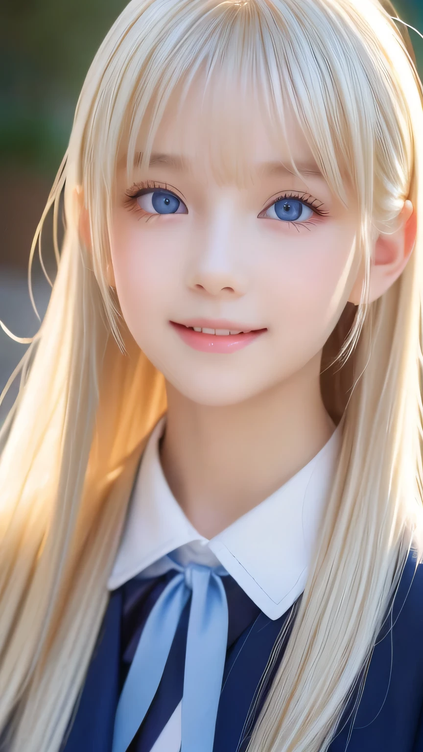 Portrait、School uniform、Bright expression、ponytail、Young, lustrous, glowing, white skin、The best beauty、Blonde reflection、Platinum blonde hair with dazzling highlights、Shiny bright hair,、Super long silky straight hair、Shiny beautiful bangs、Sparkling, translucent, captivating, large blue eyes、Very beautiful lovely cute girl、Ample Bust