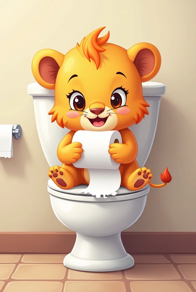 Comic cute lion cub sitting on the toilet with tpilette paper in hand