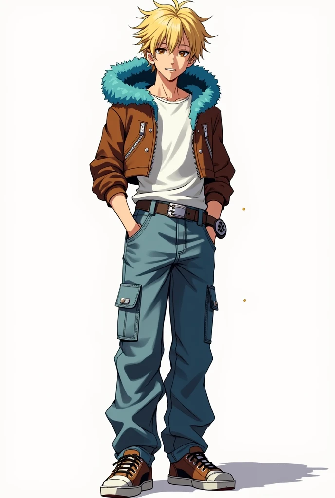 short hair, blond hair, Love, necessary, The best quality, eyes the color of honey, anime, adolescent, man, attractive, straight hair, smile, presumed, simple background, Brown cropped leather jacket with blue polar fur on the hood, black and silver belt, silver necklace, white t-shirt tucked into pants, leather satchel, baggy jeans, brown sneakers, yellow energy particles around his hands, anatomically correct, anime, Whole body, 