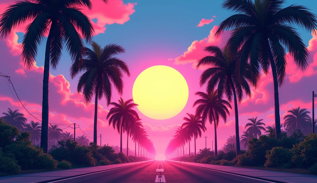 Vice City GTA, pink and blue sky landscape with a yellow sun with palm trees
