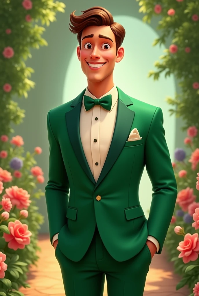 Disney-style animated image of a man in a green suit with pink groom's suit