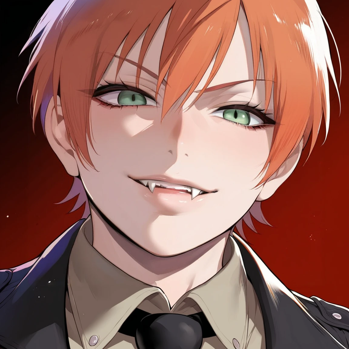 source_anime, rating_explicit, score_9, score_8_up, score_7_up, goth, gothic, ginger hair, short_hair, looking at viewer, hellsing, goth girl, ikuchan, smirk, green eyes, portrait face, face focus, face only, edgy, fangs, vampire, detailed, high quality 