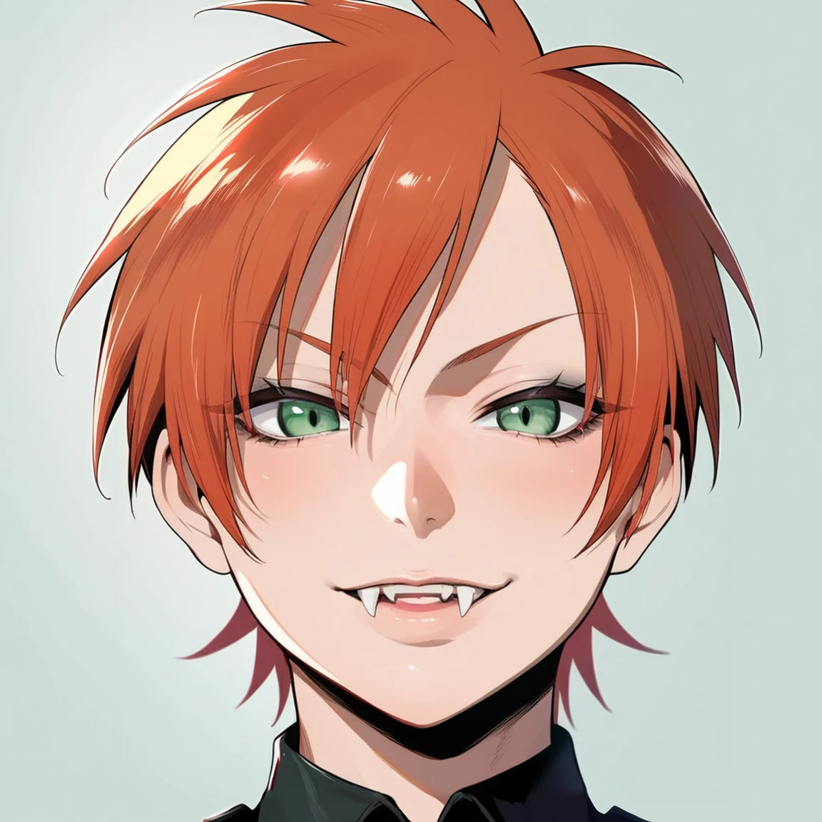 source_anime, rating_explicit, score_9, score_8_up, score_7_up, goth, gothic, ginger hair, short_hair, looking at viewer, hellsing, goth girl, ikuchan, smirk, green eyes, portrait face, face focus, face only