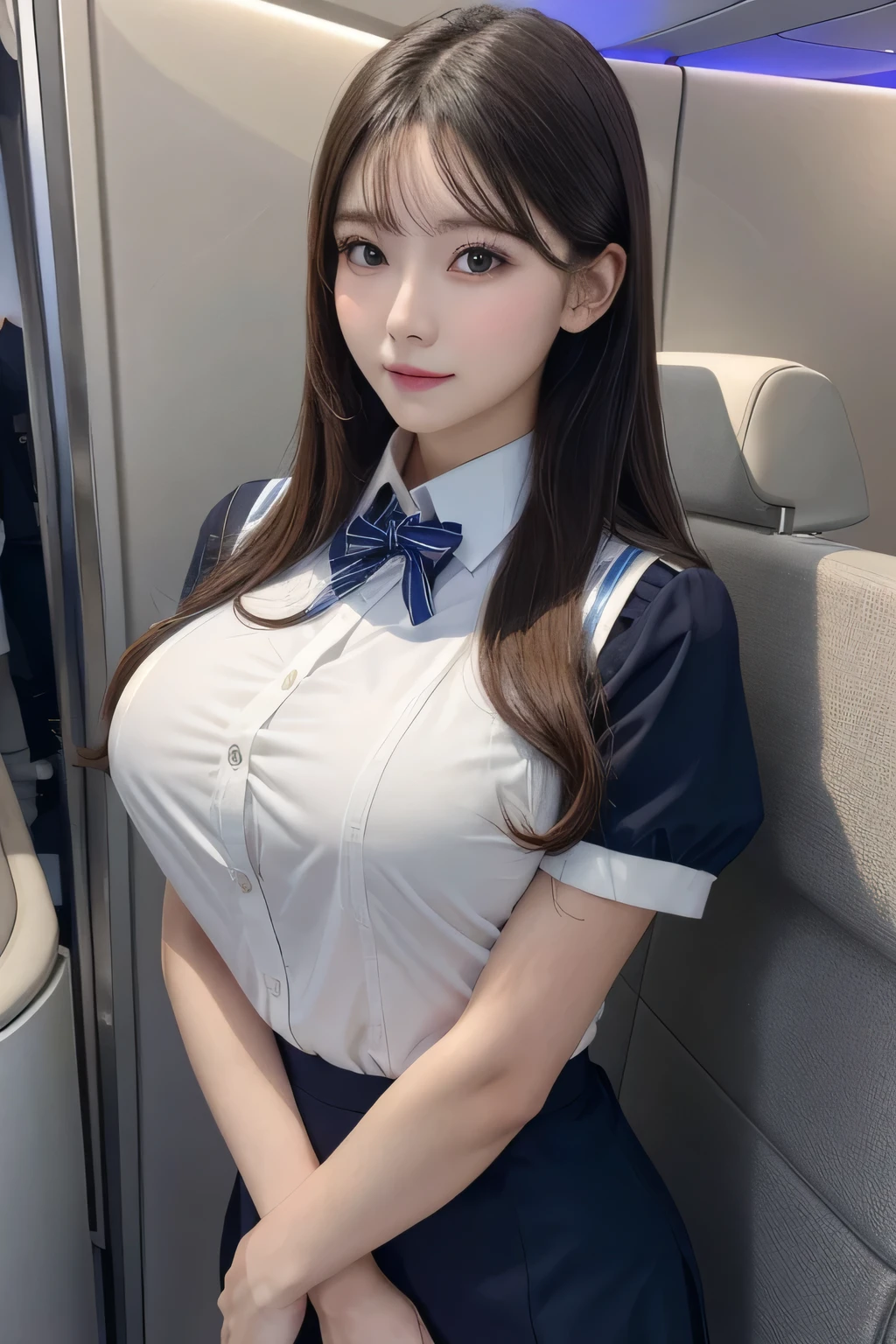 One Girl, 1 person,Highest quality,High resolution,超High resolution,8k,Realistic,Upper Body,encounter_audience,Large Breasts, the body is slim,(Cabin Attendant:1.2), uniform,