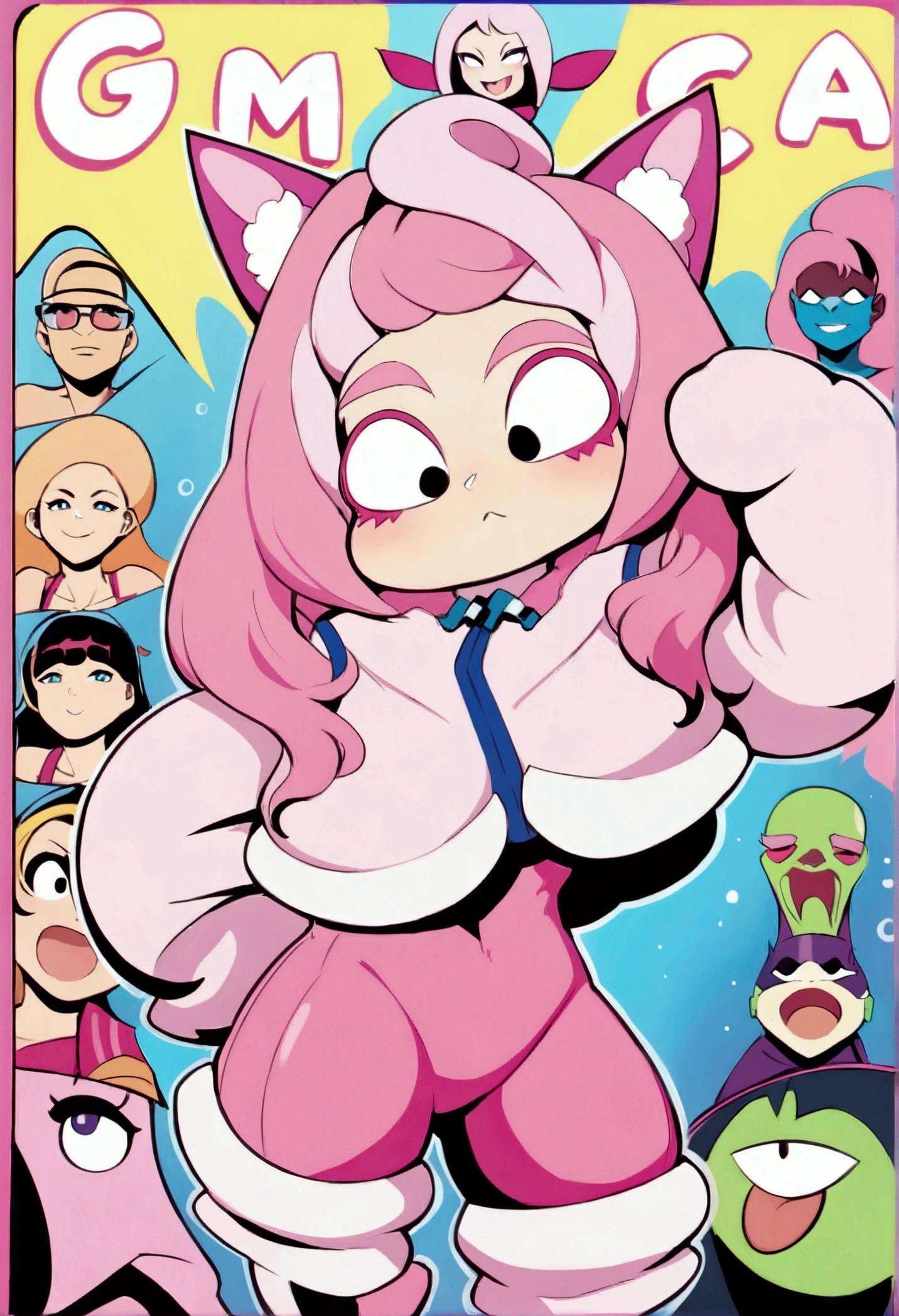 a close up of a cartoon character with a pink outfit, hylics artwork, vibrant fan art, trending on artstation.', comic cover art, 90s comic book character design, by Victor Mosquera, epic comic book style, marvelous expression, comic book cover art, pink iconic character, by Android Jones, comic book art style, by Pedro Pedraja