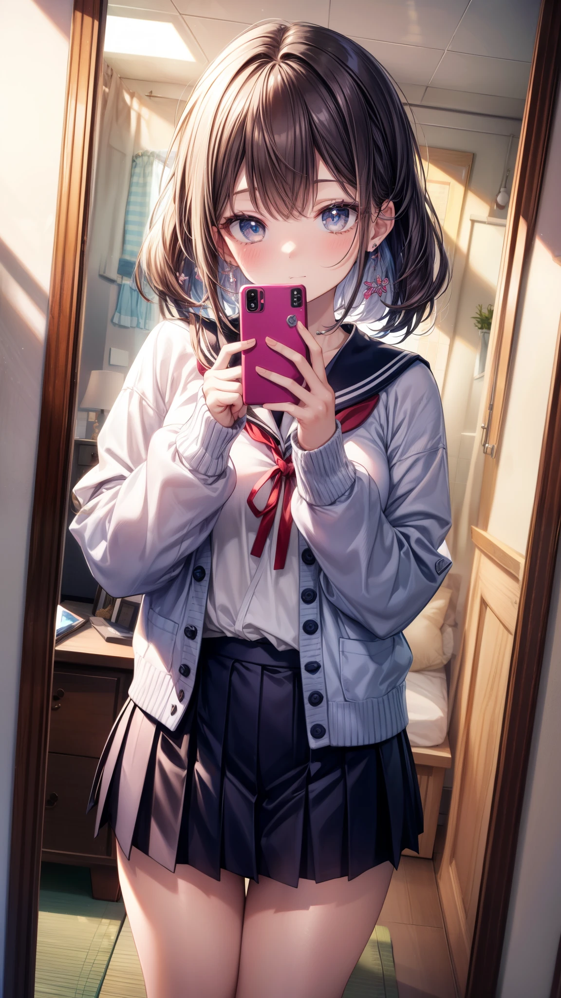 masterpiece, best quality, high quality, detailed, ultra detailed, hyper detailed, insanely detailed, exquisite, beautiful, FHD, Full-HD, 4K, 8K, 16K, highres, absurdres, A detailed illustration of a girl taking a selfie in front of a mirror. She is wearing a traditional Japanese sailor school uniform with a pleated skirt and a sailor collar. Over her uniform, she is wearing a cozy cardigan, adding a casual touch to her outfit. The girl is holding a smartphone with one hand while posing confidently. Her reflection is clearly visible in the mirror behind her. The room has a warm and slightly soft lighting, with subtle details like a small desk or bed in the background to indicate a typical bedroom setting. The focus is on the girl and her reflection, capturing the moment with a balance of realism and anime-inspired style ,more_details:-1, more_details:0, more_details:0.5, more_details:1, more_details:1.5,mksks,Colorful Portraits,shiny skin, shiny body