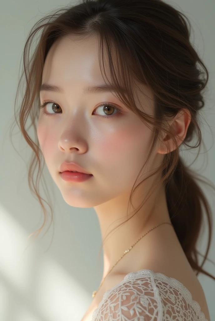 Girl with light brown hair, light eyes, white, soft features, realistic 8k