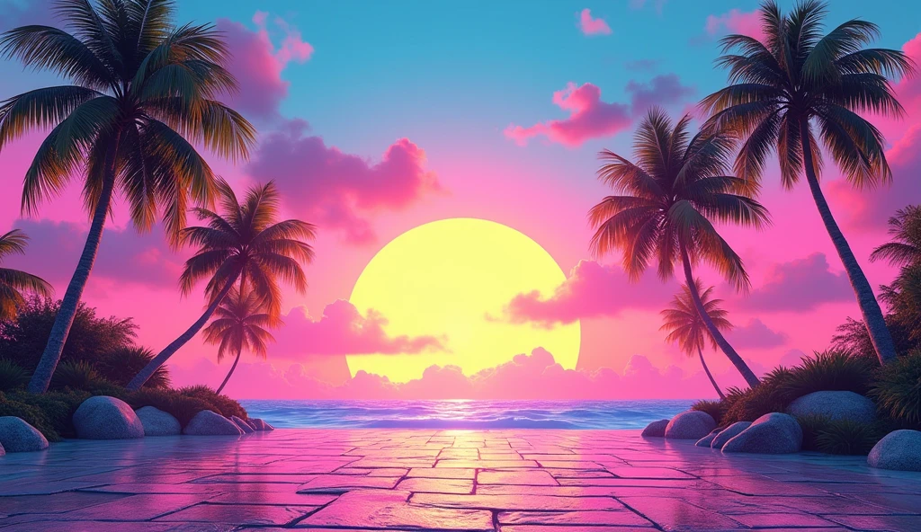 Vice City GTA, pink and blue sky landscape with a yellow sun with palm trees, stone floor