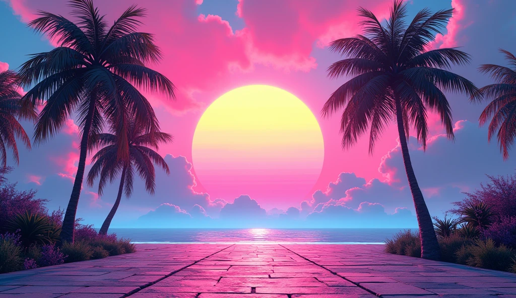 Vice City GTA, pink and blue sky landscape with a yellow sun with palm trees, stone floor