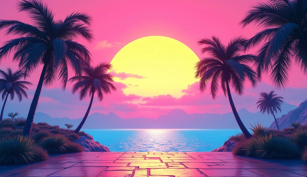 Vice City GTA, pink and blue sky landscape with a yellow sun with palm trees, stone floor