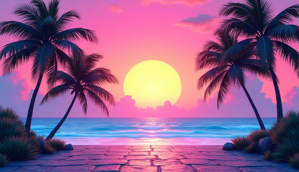 Vice City GTA, pink and blue sky landscape with a yellow sun with palm trees, stone floor