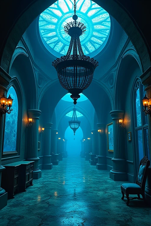 gothic architecture chandelier black and blue atmosphere fish bubbles、House in the sea、The windows are big and fish are swimming outside、mirror、Decorative Picture Frame、The ceiling has a black iron lattice.、corridor、とても長く続くcorridor、One wall has a window that connects to the ceiling.、The other wall has lights, doors and paintings.、The room and the sea are separated、corridorはもっと長く続いている、There is an ocean outside the room, so fish are swimming.