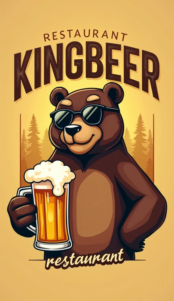 Design a warm-toned background, using shades like golden yellow or pastel yellow. At the center of the logo, place a large, masculine yet friendly bear figure. The bear should have a modern stylization with clean, bold lines. The bear wears round, trendy sunglasses that have a slight reflective sheen. In one hand, the bear holds a large, frosty beer mug, filled to the brim with beer and overflowing with foam. The bear's other hand rests casually on its hip, giving a relaxed and confident posture. The text "Kingbeer" should be prominently displayed at the top of the logo in large, bold letters. Use a vintage, retro-style font and emphasize the text with a gold color. Below the logo, in smaller, elegant lettering, add the word "Restaurant."