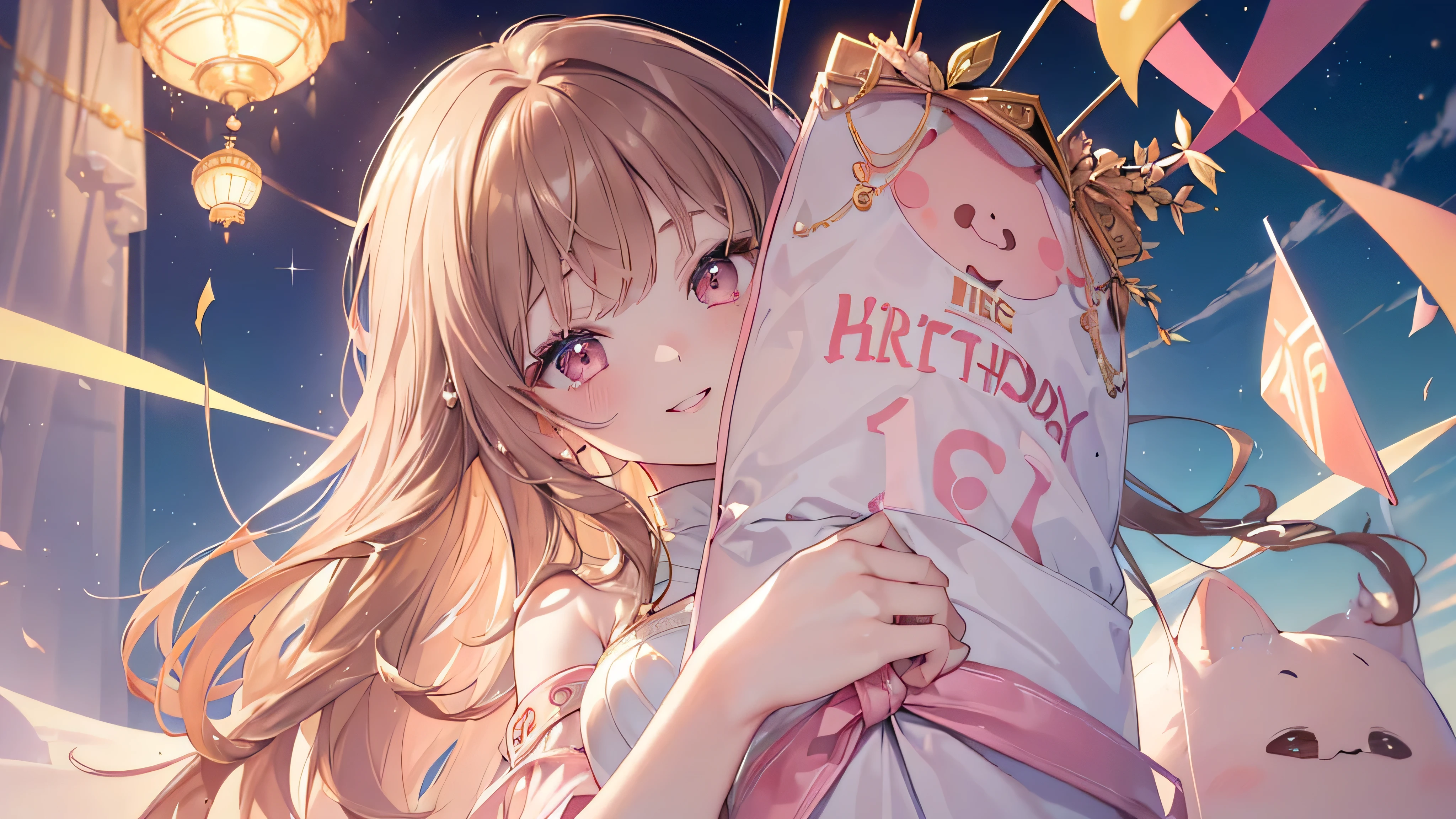 ((Highest quality、masterpiece、Ultra-fine、Ultra-fine、Exquisite、Golden Ratio,16K、Brown Hair,The best smile,Full HD、)), ((Angle from below,I have a birthday present,One person))Long eyelashes、White skin、(Pale pink lips、Pale pink cheeks、thin and long)、((One person)),Birthday Party -