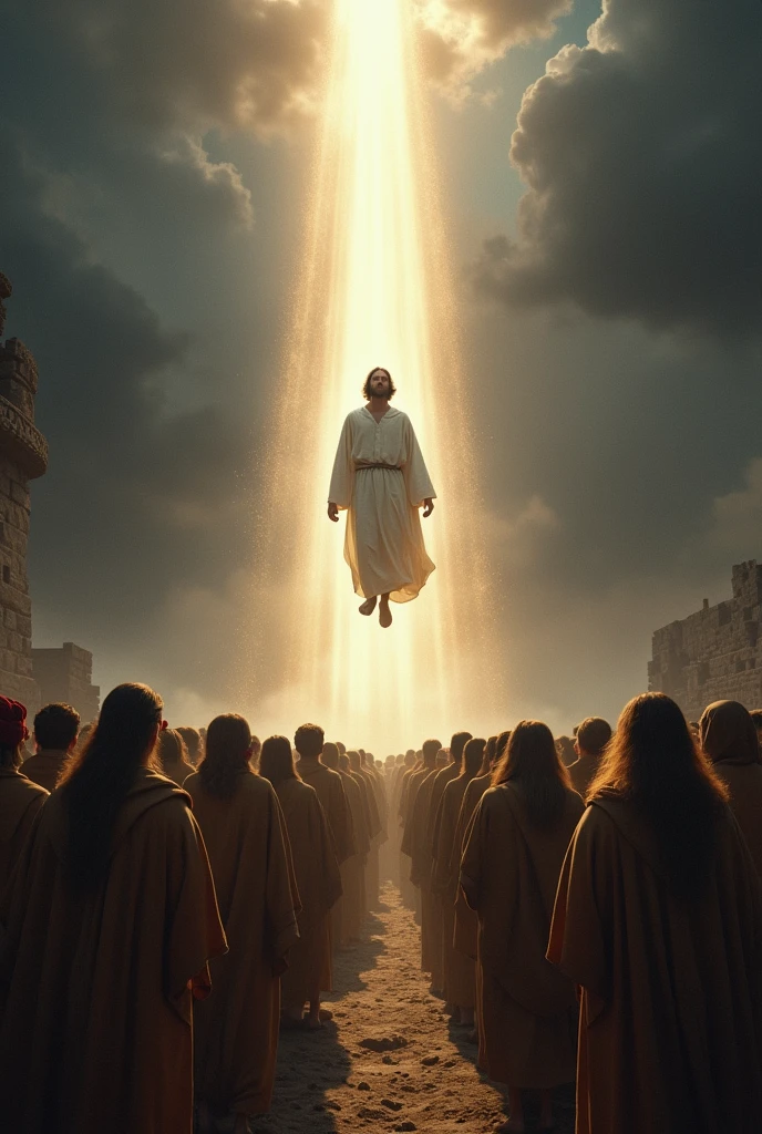 Scene: A large assembly of the people of Nephi gathered around an Inka temple in the land of Bountiful. The atmosphere is serene and filled with reverent awe as the people discuss the miraculous change and the prophecy of Jesus Christ's death.

Details:

Background: The ancient Inka temple in Bountiful surrounded by a large crowd in traditional clothing. The setting is tranquil yet charged with awe.
Mood: The people are astonished and confused, some gazing upwards, trying to understand a heavenly voice. There is a profound sense of reverence and tension.
Heavenly Appearance: A quiet, penetrating voice from the sky deeply moves the people, causing their hearts to burn. It is gentle but incredibly powerful.
Heavenly Event: On hearing the voice for the third time, the people look up to see a man descending from the sky in white robes. He is not yet on the ground but is in the process of descending. The people, mesmerized, hold their breath, mistaking him for an angel.
Man in White Robes: Jesus Christ, dressed in white robes, with a peaceful and radiant presence. He is surrounded by a bright, divine light that contrasts with the dark sky.
Colors and Lighting:

Lighting: The sky is dark except for a divine, glowing aura around Jesus Christ, who is illuminated by a soft, heavenly light as he descends.