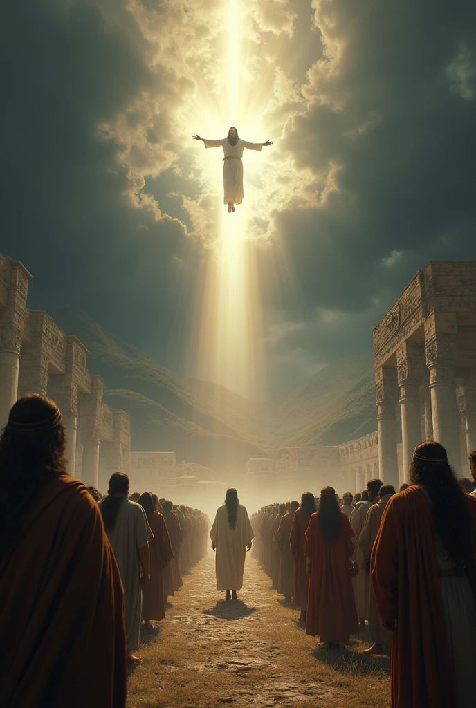 Scene: A large assembly of the people of Nephi gathered around an Inka temple in the land of Bountiful. The atmosphere is serene and filled with reverent awe as the people discuss the miraculous change and the prophecy of Jesus Christ's death.
Details:
Background: The ancient Inka temple in Bountiful surrounded by a large crowd in traditional clothing. The setting is tranquil yet charged with awe.
Mood: The people are astonished and confused, some gazing upwards, trying to understand a heavenly voice. There is a profound sense of reverence and tension.
Heavenly Appearance: A quiet, penetrating voice from the sky deeply moves the people, causing their hearts to burn. It is gentle but incredibly powerful.
Heavenly Event: On hearing the voice for the third time, the people look up to see a man descending from the sky in white robes. He is not yet on the ground but is in the process of descending. The people, mesmerized, hold their breath, mistaking him for an angel.
Man in White Robes: Jesus Christ, dressed in white robes, with a peaceful and radiant presence. He is surrounded by a bright, divine light that contrasts with the dark sky.
Colors and Lighting:
Lighting: The sky is dark except for a divine, glowing aura around Jesus Christ, who is illuminated by a soft, heavenly light as he descends.