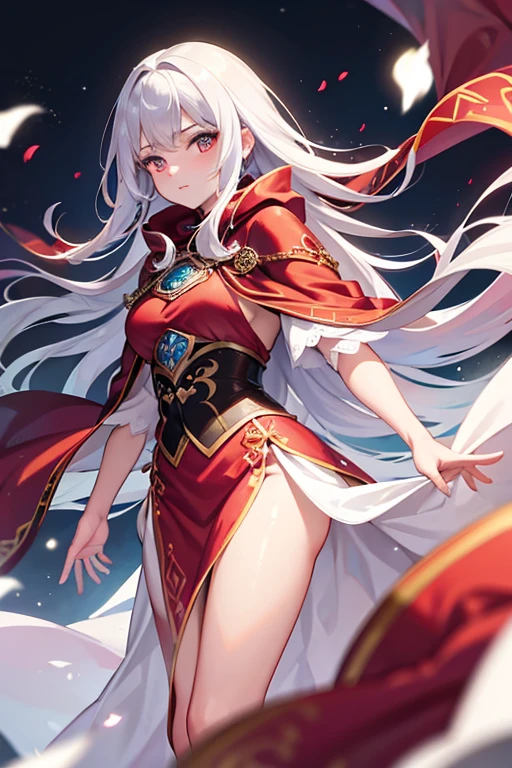 A beautiful emperor, crystalline skin, dressed in a beautiful red cloak, robes dancing in the breeze and silver hair flowing in the wind, like a perfect fairy, looking ahead at viewer