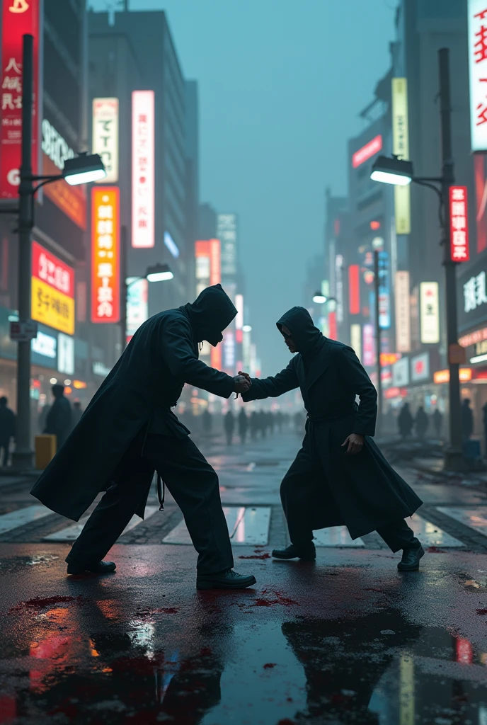 (high quality, 8k, 4K, high contrast, masterpiece: 1.2, 最high quality, best aesthetic), Shibuya crossing, post-apocalyptic, 1 man, focus, intense fight, fighting action pose, ((( Blur effect motion speed: 1.6))), destroyed Tokyo atmosphere, empty street scene, broken neon signs, depressing atmosphere, fast movement, ((motion blur on arms)), shadow assassin, assassinating an enemy , destroyed architecture, blood on the ground, less blood stained, evil energy, cinematic colors, dynamic settings, atmospheric perspective, epic lighting, (1vs1), (desenfundado).
