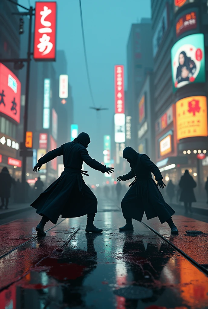 (high quality, 8k, 4K, high contrast, masterpiece: 1.2, 最high quality, best aesthetic), Shibuya crossing, post-apocalyptic, 1 man, focus, intense fight, fighting action pose, ((( Blur effect motion speed: 1.6))), destroyed Tokyo atmosphere, empty street scene, broken neon signs, depressing atmosphere, fast movement, ((motion blur on arms)), shadow assassin, assassinating an enemy , destroyed architecture, blood on the ground, less blood stained, evil energy, cinematic colors, dynamic settings, atmospheric perspective, epic lighting, (1vs1), (desenfundado).