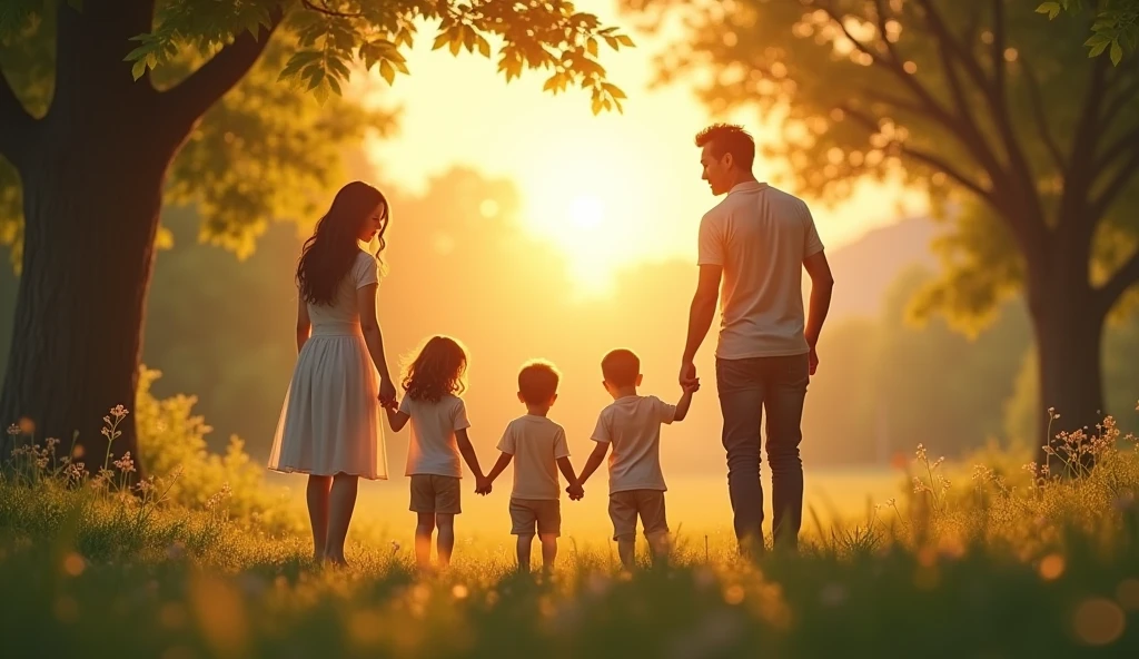 A viral social media image showing a family holding hands in a circle under a golden sunset, with warm light filtering through the trees, symbolizing unity and peace. The atmosphere is serene and hopeful.








