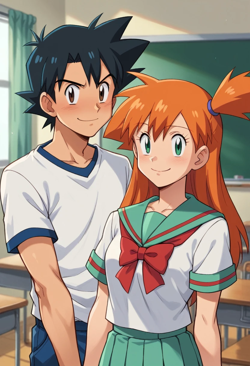  1boy, ash ketchum, black hair, brown eyes, ash ketchum, white t-shirt, School uniform, handsome boy, macho, good looking boy 1girl, misty pokemon, green eyes, orange hair, long hair, hair down, white t-shirt, school uniform, pretty, beautiful girl photograph of a 1 couple, inside a school classroom, confident smile, deep and vibrant colors, looking at the viewer, simple and neutral background, pretty 