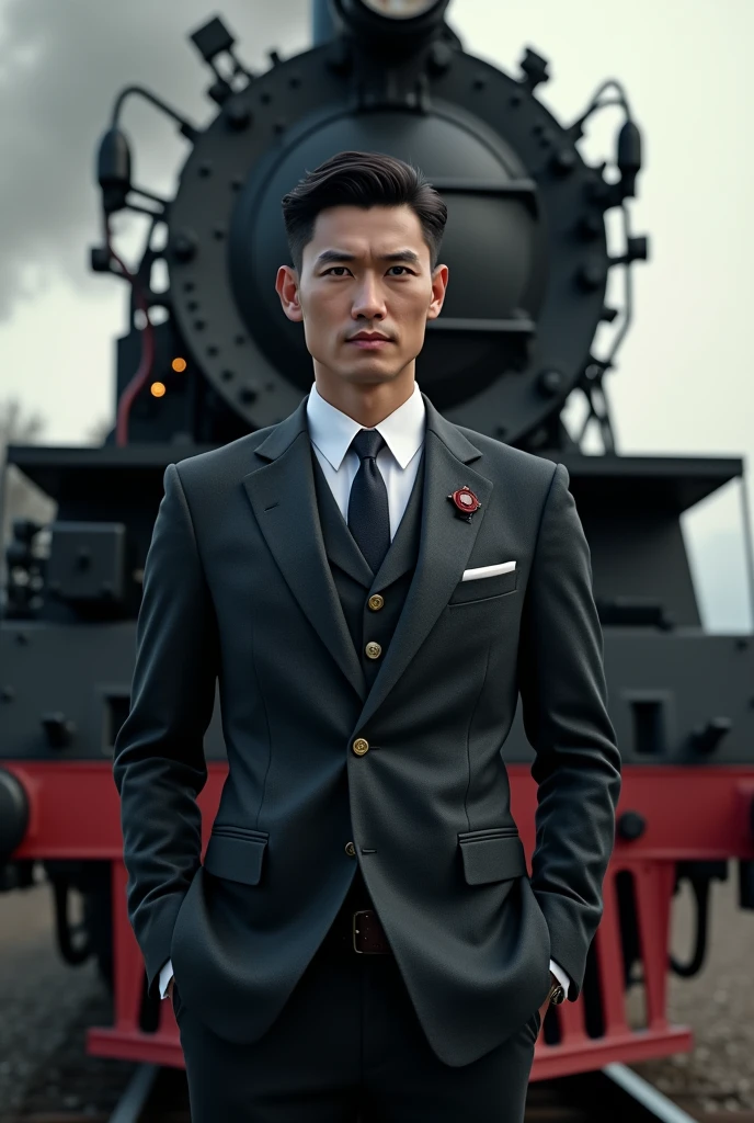 man, short black hair, dressed in an elegant suit, full body, looking at the camera, a locomotive behind, photorealistic