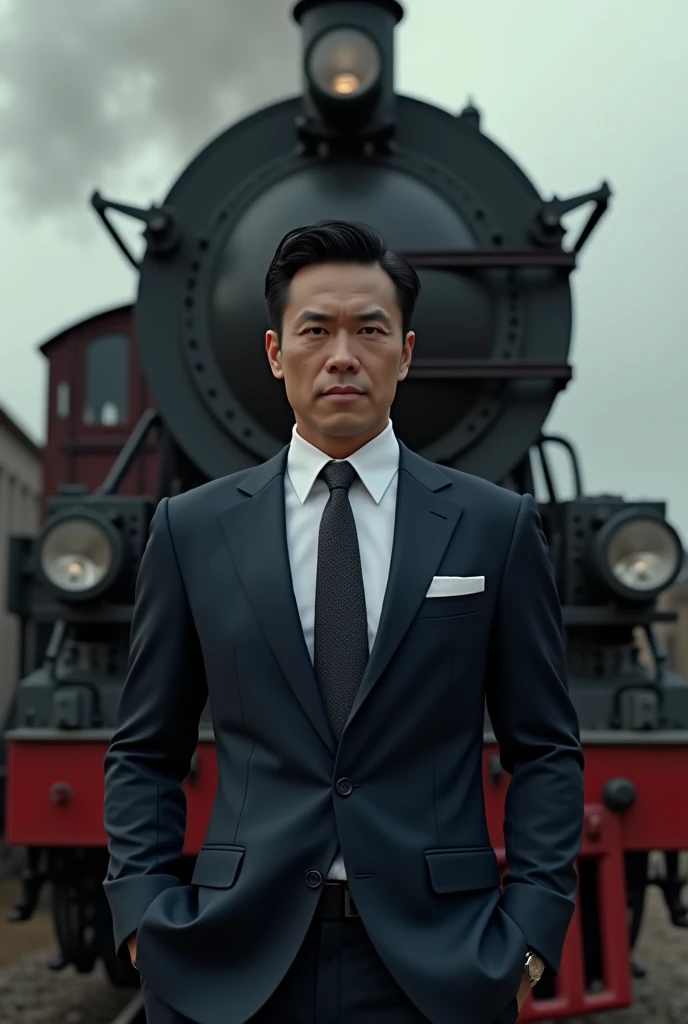 man, short black hair, dressed in an elegant suit, full body, looking at the camera, a locomotive behind, photorealistic