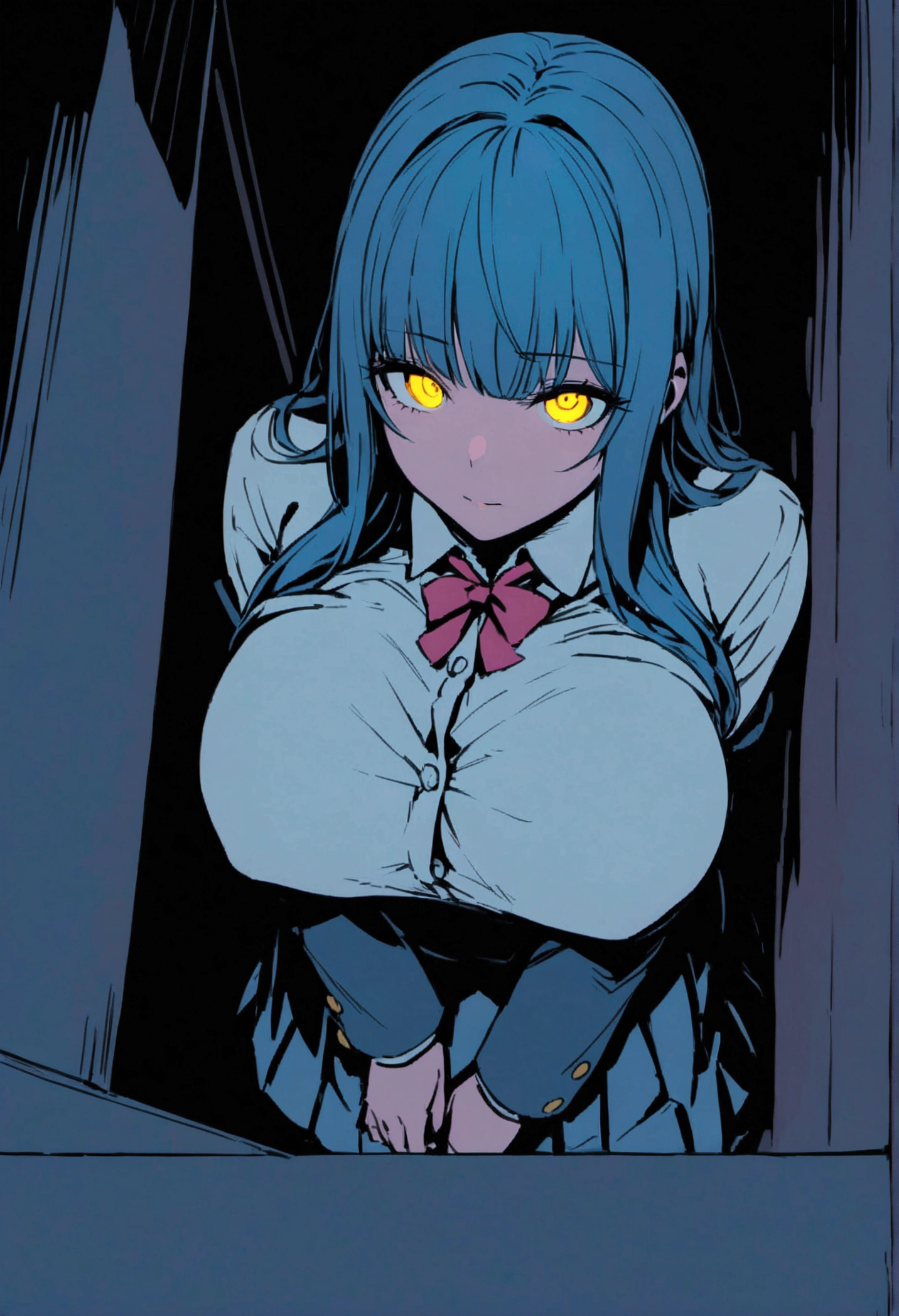 cica locked in a small room with no space, view from above, School uniform, big breasts, In the dark