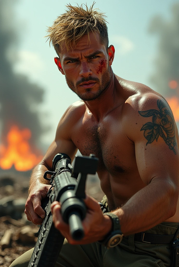 Helen Skelton, Vietnam War era, close-up action shot from ground level, naked US soldier, tattoos, frowning, sweating, damp blonde hair, bloodied and bruised, sunny, holding M16, on a bloody battlefield, explosion, fires