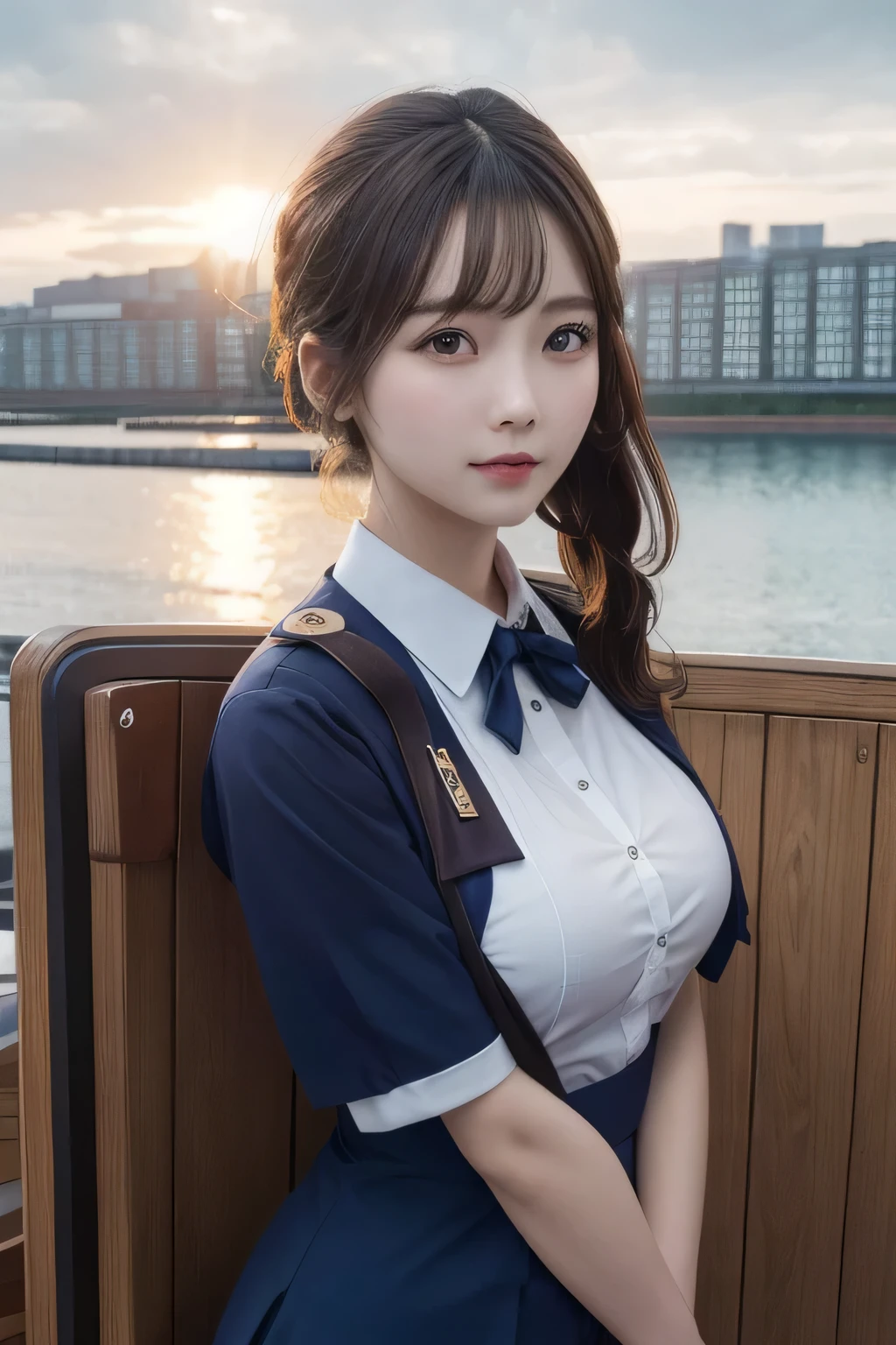 One Girl, 1 person,Highest quality,High resolution,超High resolution,8k,Realistic,Upper Body,encounter_audience,Large Breasts, the body is slim,(Cabin Attendant:1.2), uniform,